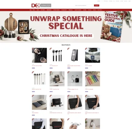 DEX Collection online store: red category navigation, Christmas catalogue banner and a grid of new products