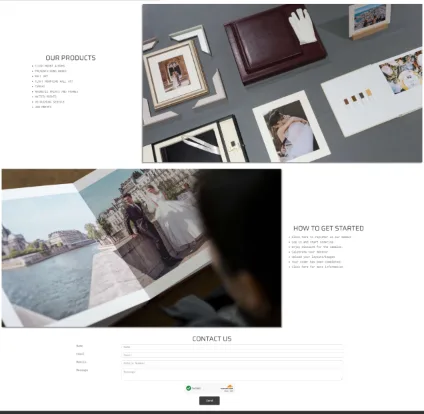 Olitian Album website: our products list beside a flat-lay of leather albums, frames and prints, and an open wedding album