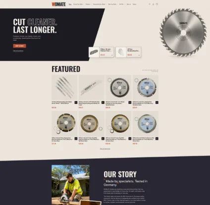 WDMATE online store: dark hero with a circular saw blade and the headline Cut cleaner, last longer, above a featured products grid